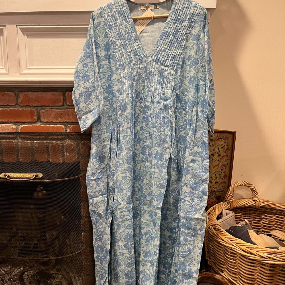 Dolma 100% cotton lined midi dress in sky blue pattern